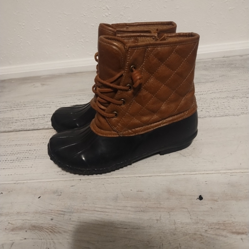 Stevies Duck Boots Women Size 5 Navy Blue Brown Side Zip Target Rain Steel Shank